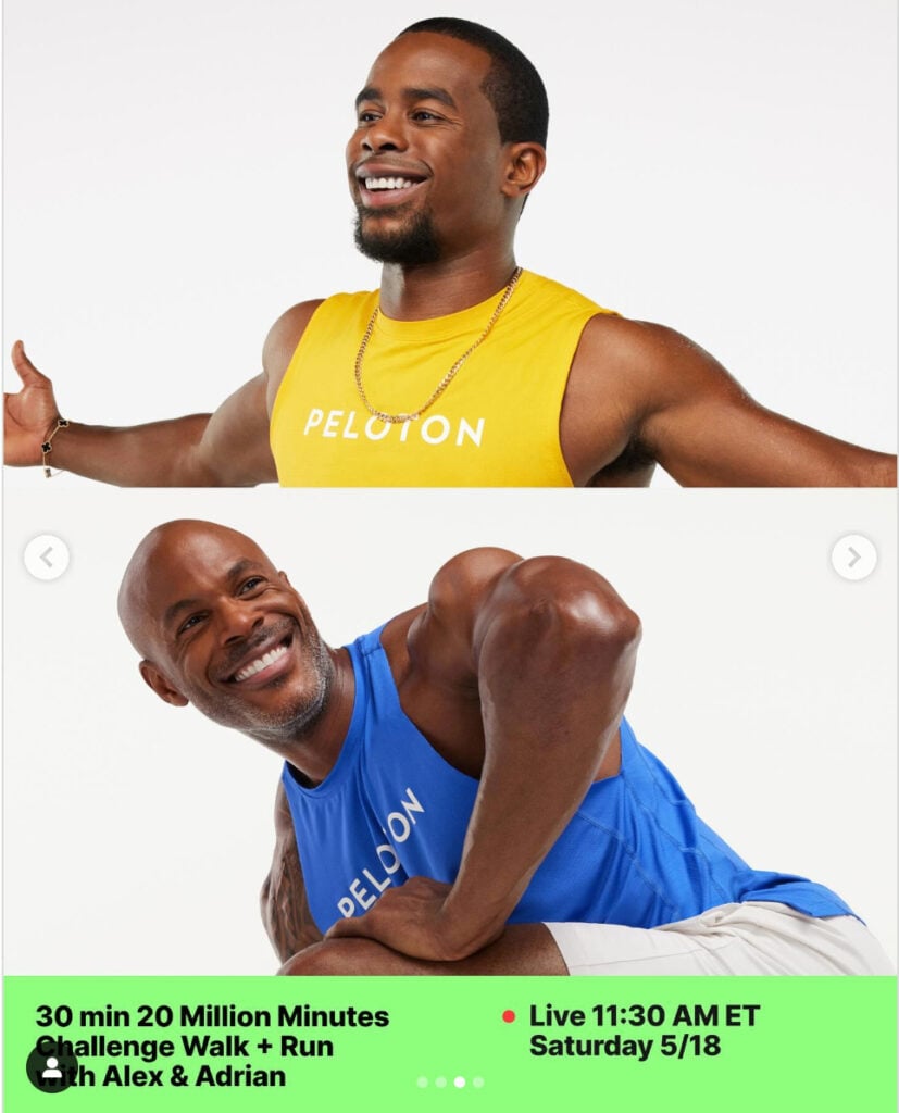@OnePeloton Instagram post announcing 20 Million Minutes Challenge and classes. Image credit Peloton social media.